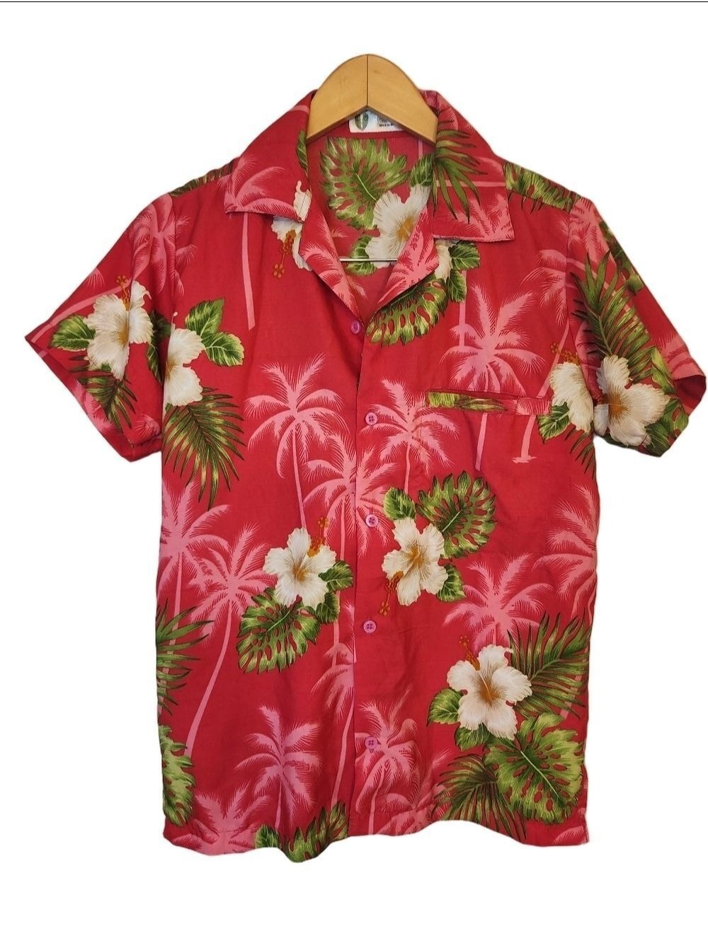 Vintage Tropical Hot Pink Hawaiian Aloha Shirt White Hibiscus Palm Tree   XS
